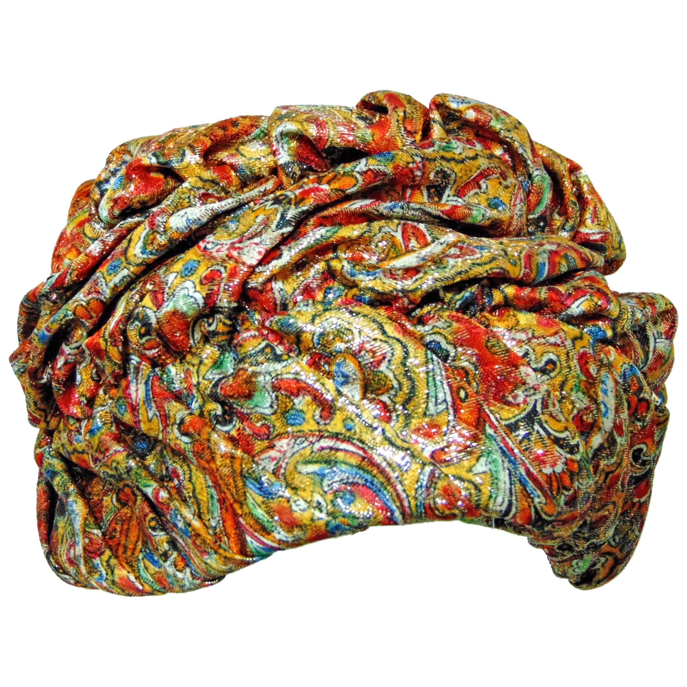 1950s Colorful Metallic Paisley Turban Hat by Marshall Field & Company Size S 