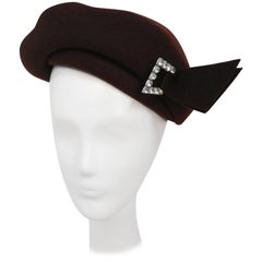 1940s Brown Wool Felt Hat w/ Rhinestone Buckle