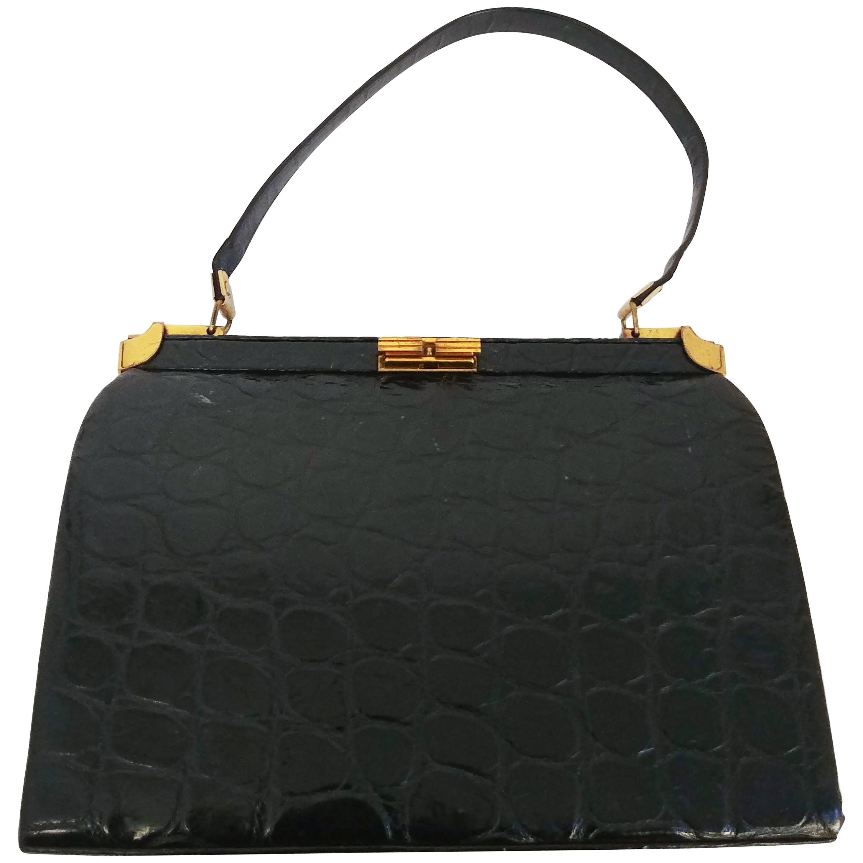 1950s Black Alligator Handbag