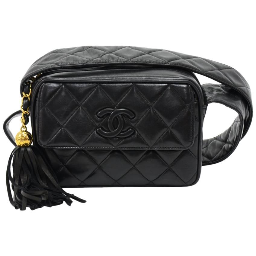 Vintage Chanel 7.5" Black Quilted Leather Tassel Pochette Shoulder Bag