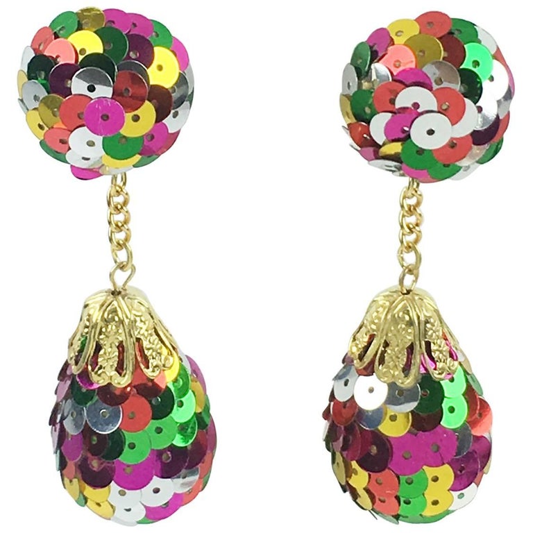 Colorful Sequin Disco Balls Dangling Chandelier Clip on Earrings at 1stdibs