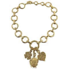 Vintage Yves Saint Laurent Paris Gilt Metal Link Necklace with Dangling Charms