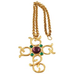 Vintage Carol Dauplaise Large Jeweled Cross Pendant Necklace