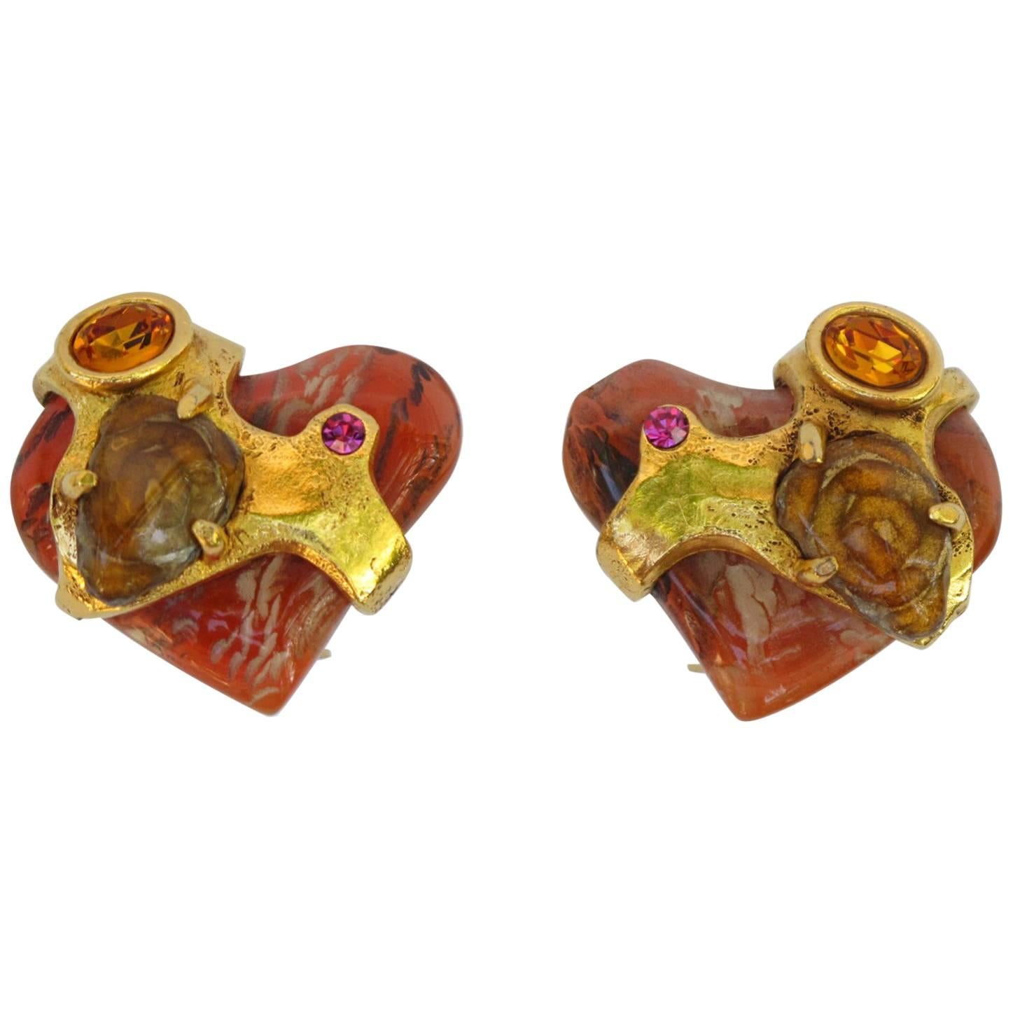 Christian Lacroix Paris clip on Earrings Baroque Resin Heart with Rhinestones
