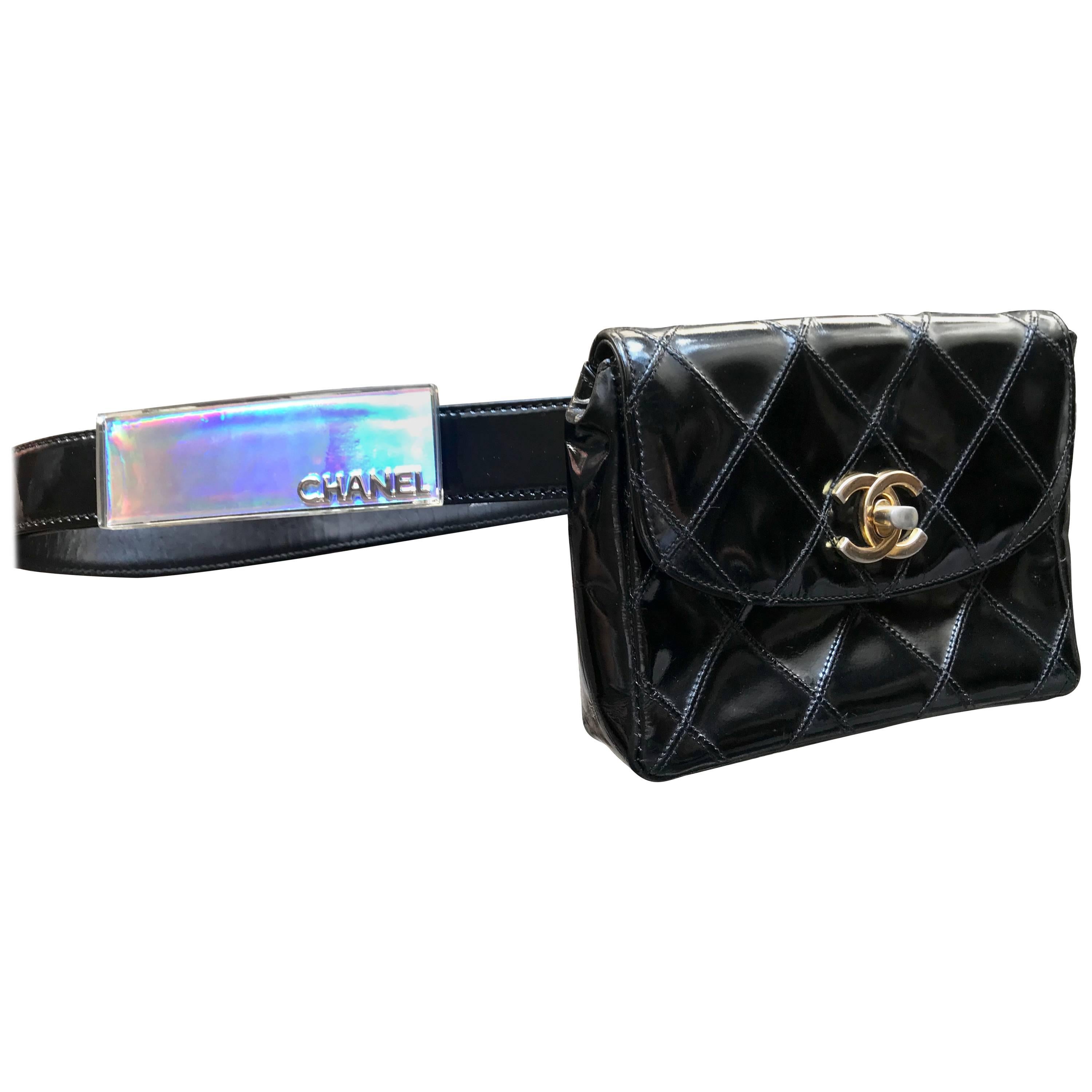 Vintage CHANEL black patent enamel pouch, fanny pack with CC and aurora belt. 