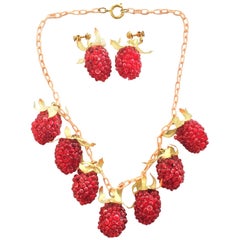 Vintage Art Deco Celluloid Raspberry necklace and earrings