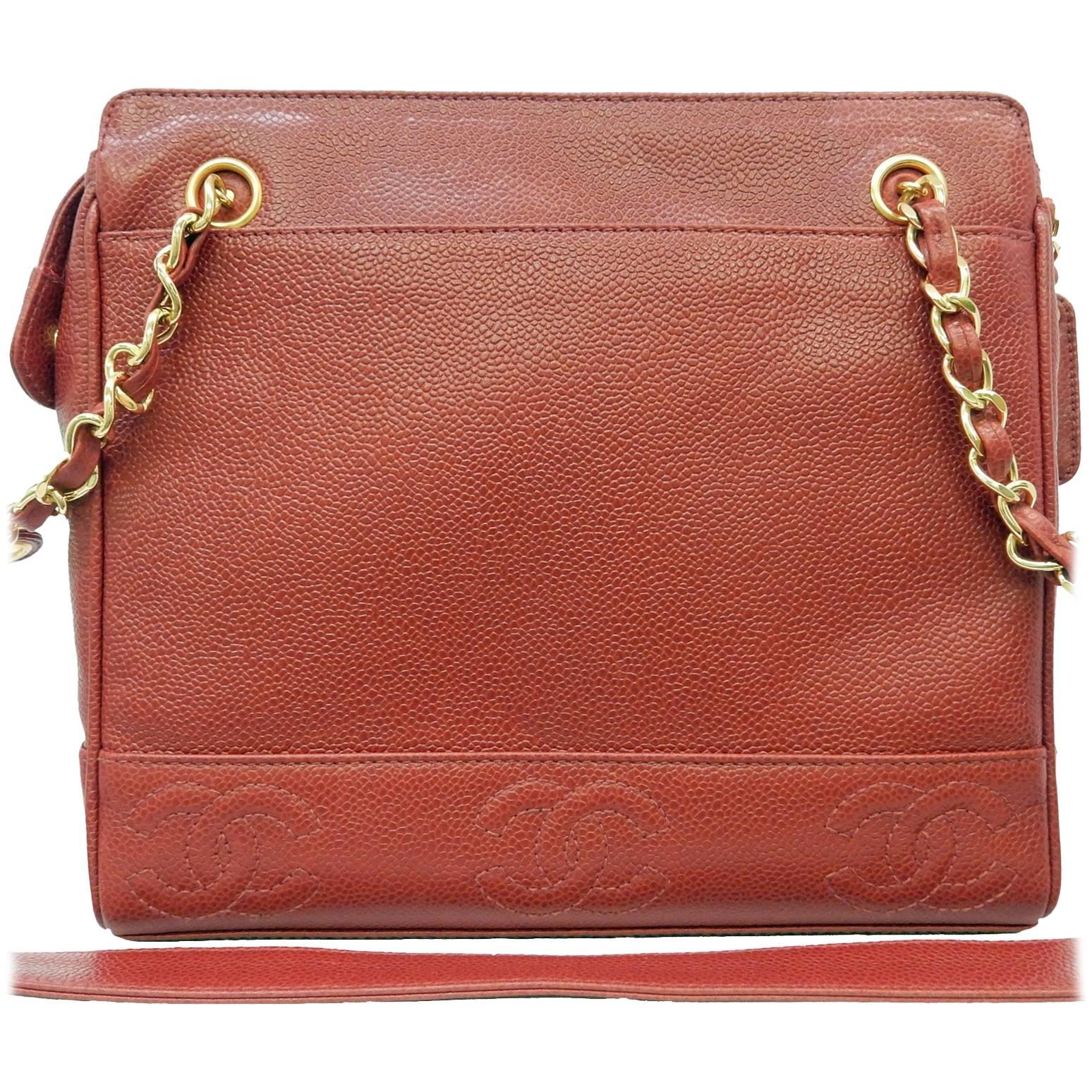 Chanel Red Caviar Leather "CC" Tote Shoulder Bag