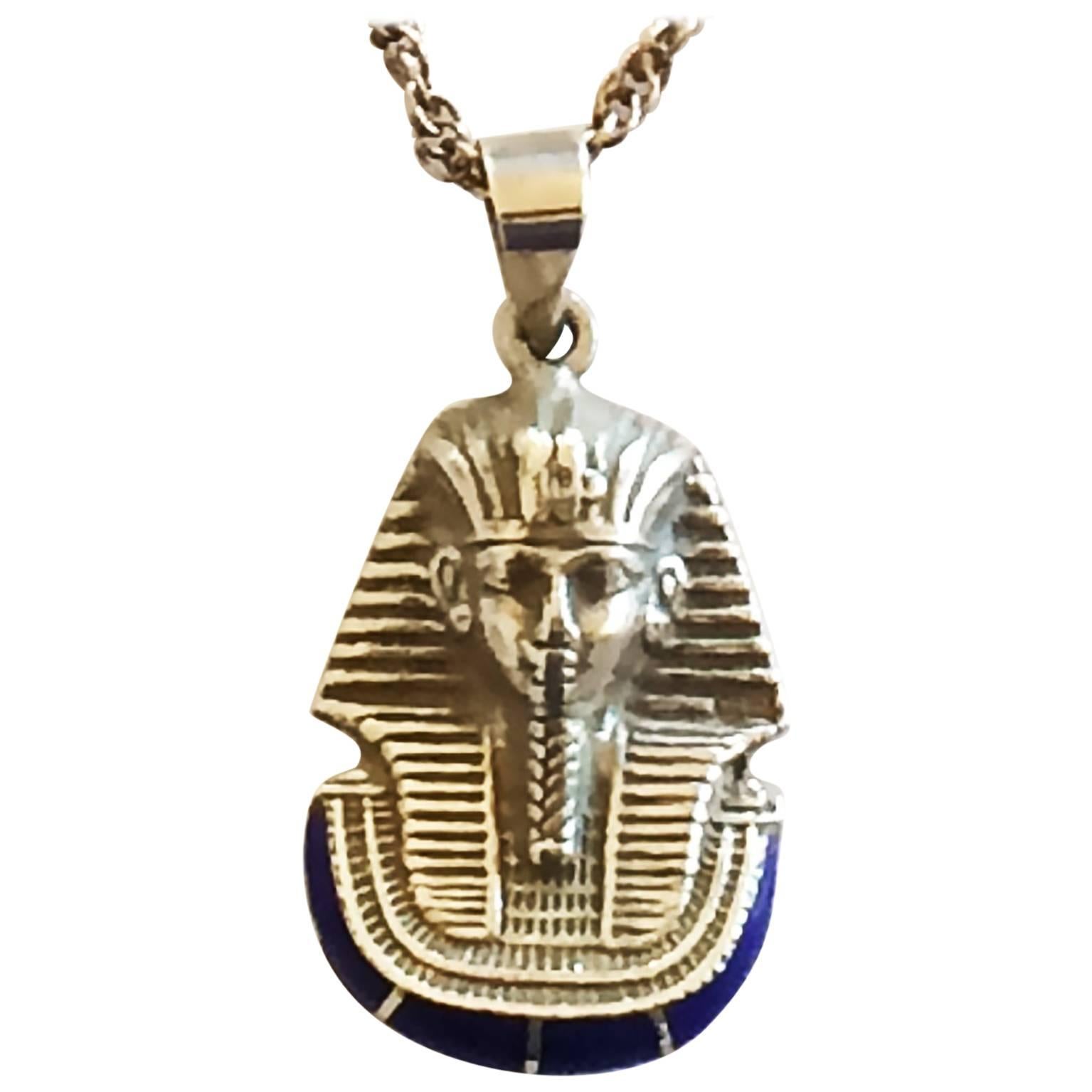 Art Deco 925 silver and lapis Egyptian Revival Sphinx Pendant Necklace