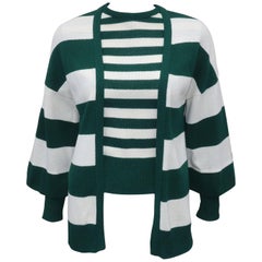 1970's Saks Fifth Avenue Green & White Striped Knit Sweater Set
