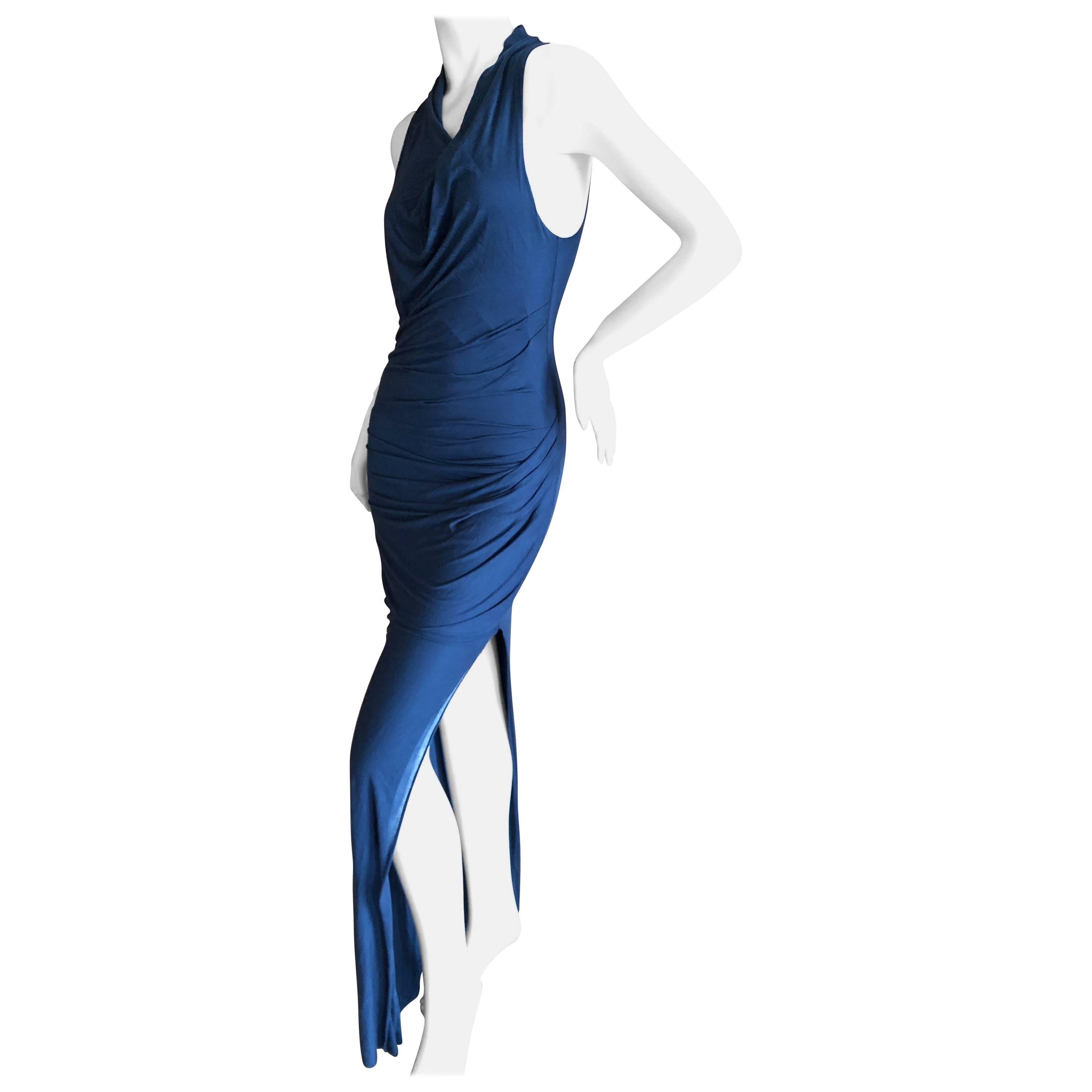 Helmut Lang Vintage Navy Blue Side Slit Jersey Evening Dress  For Sale