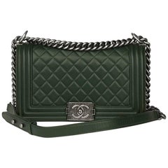 Used 2015 Chanel Forest Green Quilted Lambskin Medium Le Boy 