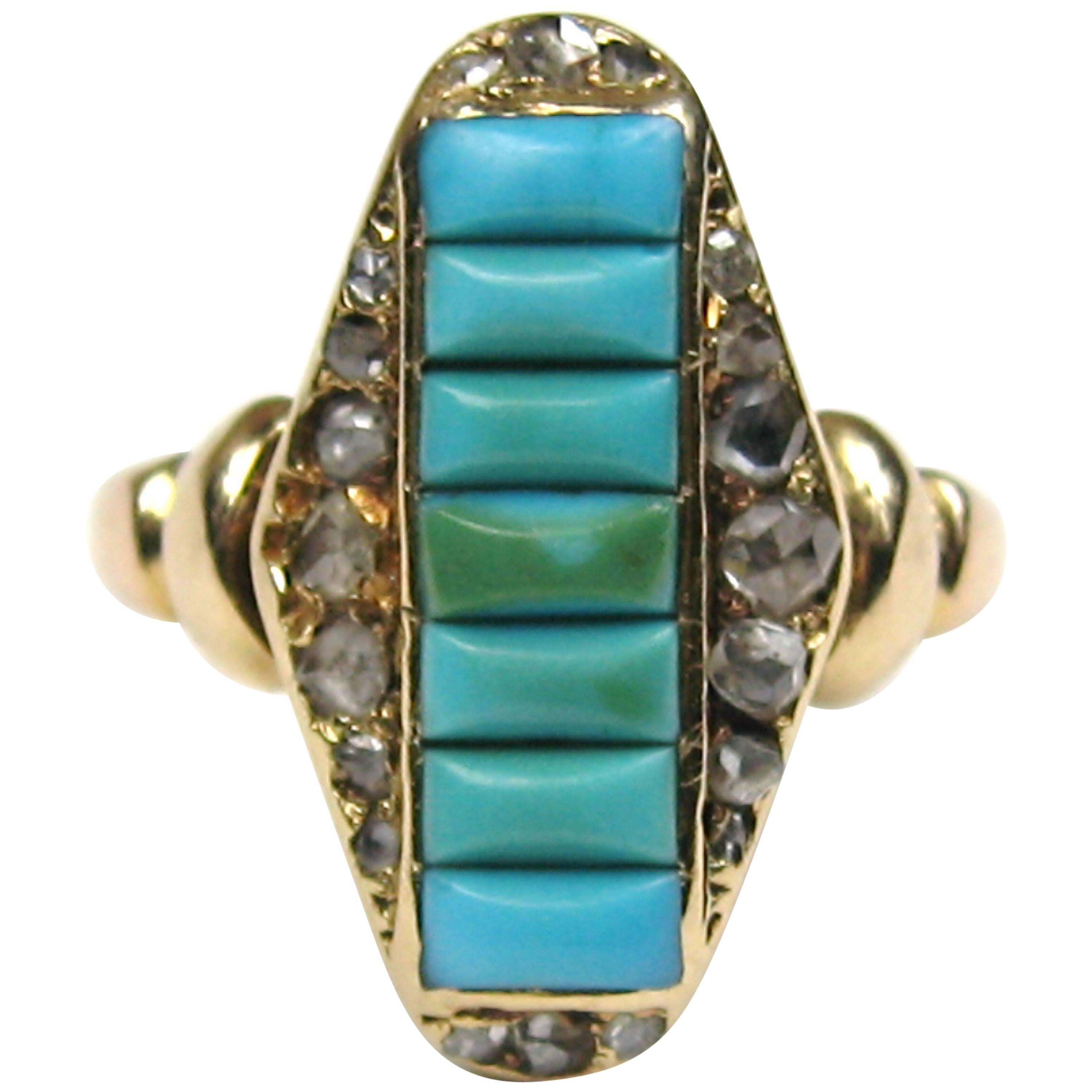 14K Gold & Diamond Turquoise Ring Victorian  For Sale