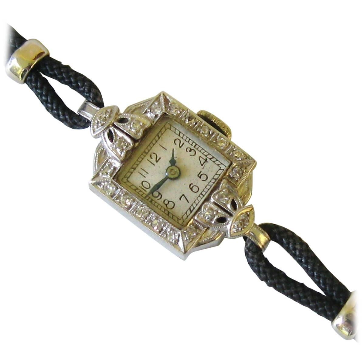 Croton Ladies Platinum Diamond Wristwatch Watch 1920s For Sale