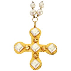 Vintage 1980s Dominique Aurientis Pearl Studded Maltese Gold Cross Necklace, Never Worn 
