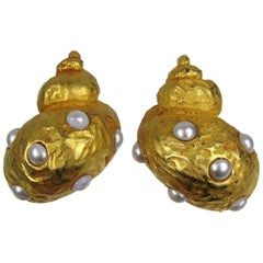 1980s Dominique Aurientis Gold Pearl Snail Earrings Never Worn