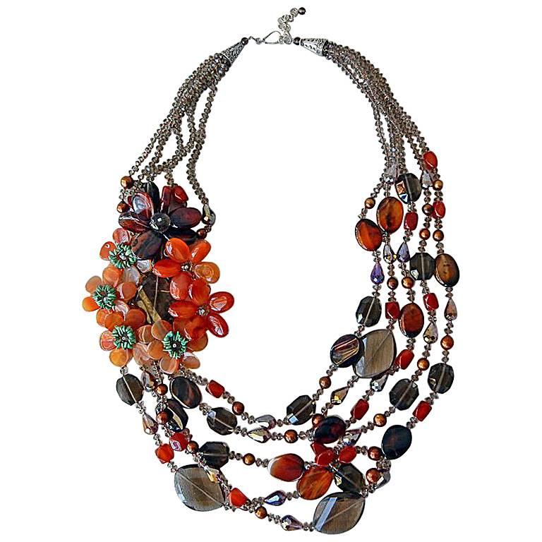 NIB Handgefertigte florale Halskette aus Rauchquarz und Achat aus Sterlingsilber