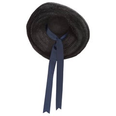 Vintage  Lanvin Alber Elbaz Black Sun Hat Navy Ribbon Band, 2006