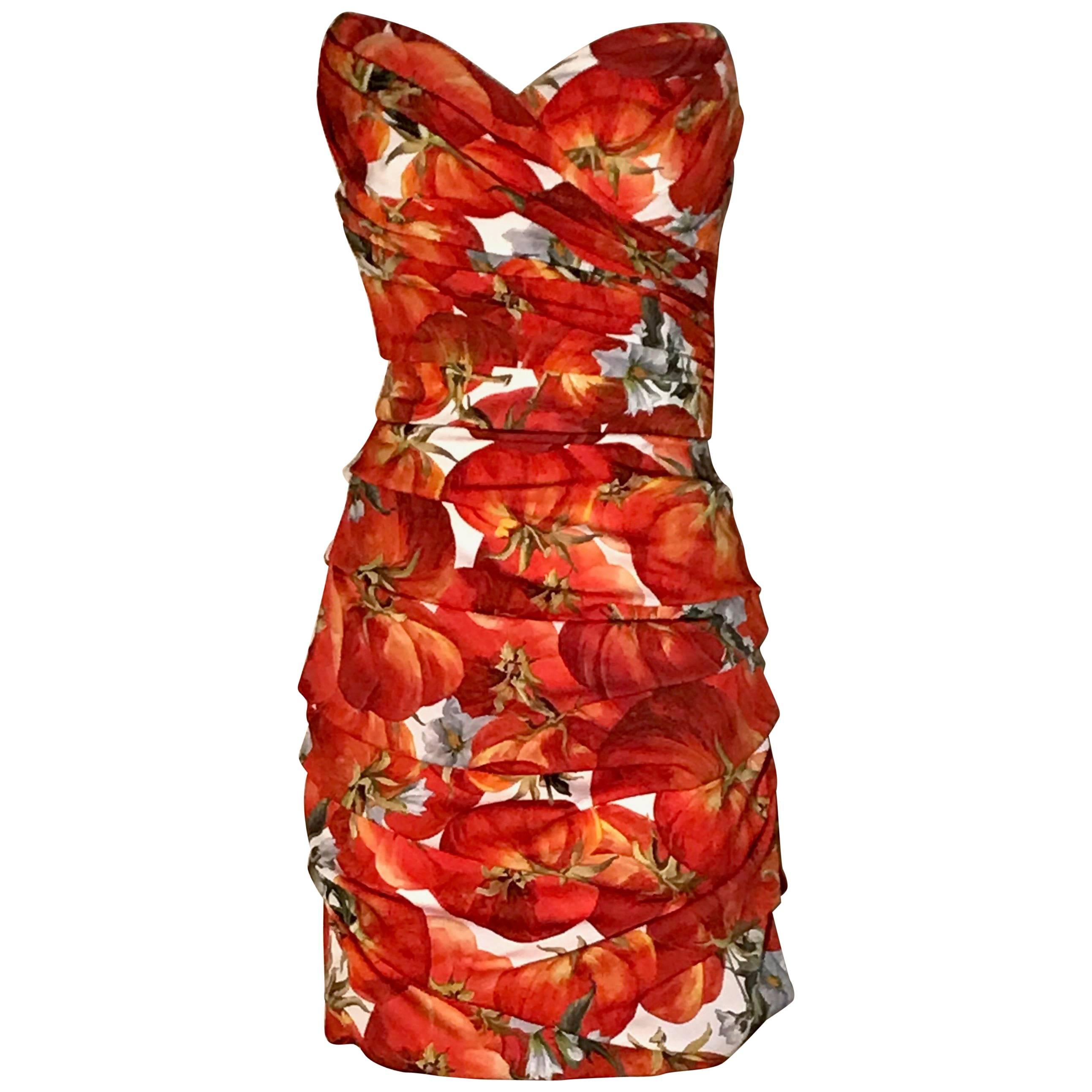 New Dolce & Gabbana 2012 Tomato Print Silk Strapless Dress Red & White 