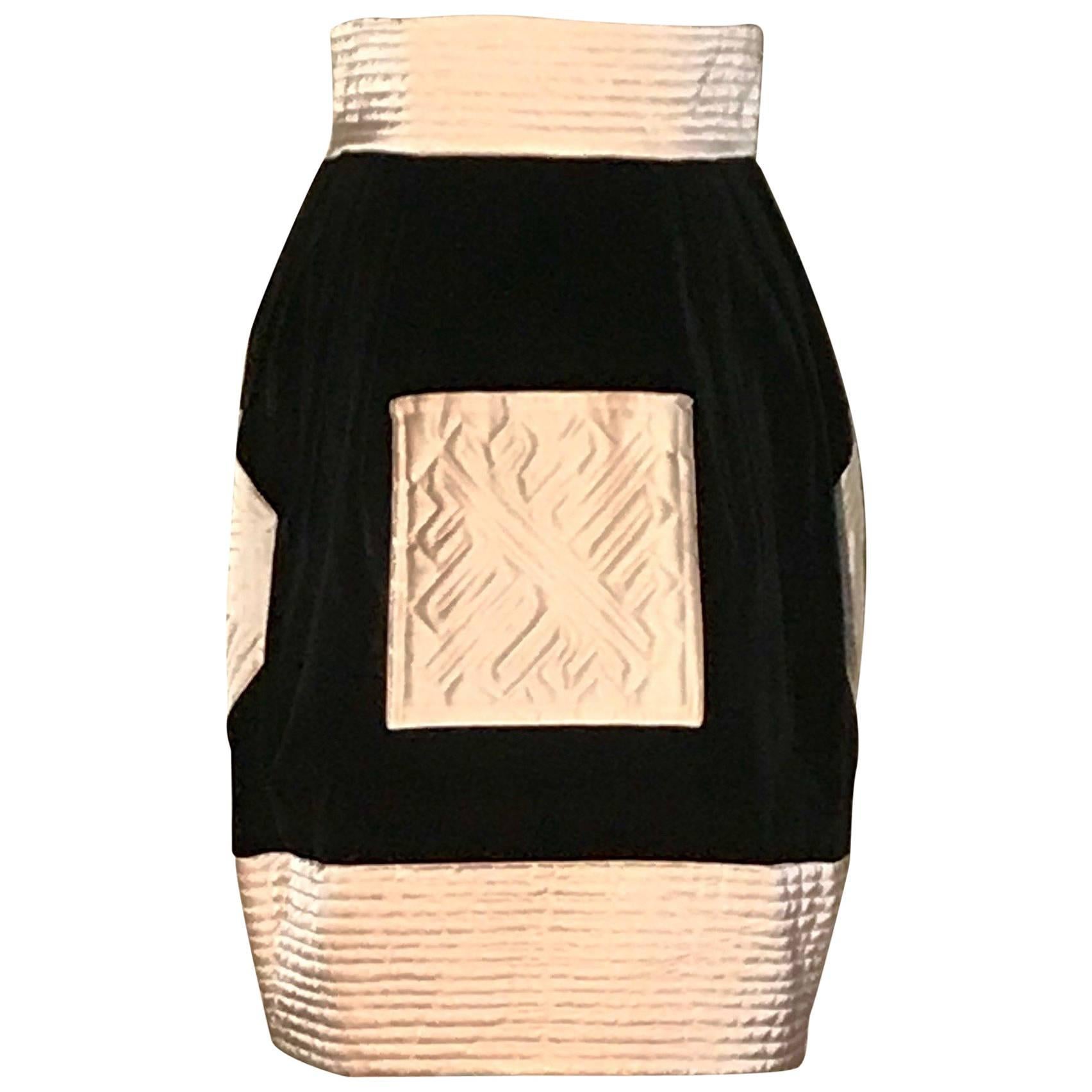 Lanvin Vintage Black Velvet Skirt With Cream Quilted Satin Trim For Sale