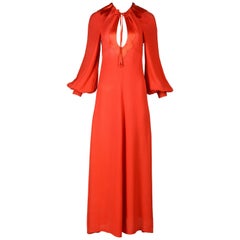 Vintage Ossie Clark red moss crepe and satin keyhole maxi dress, c. 1970-1973