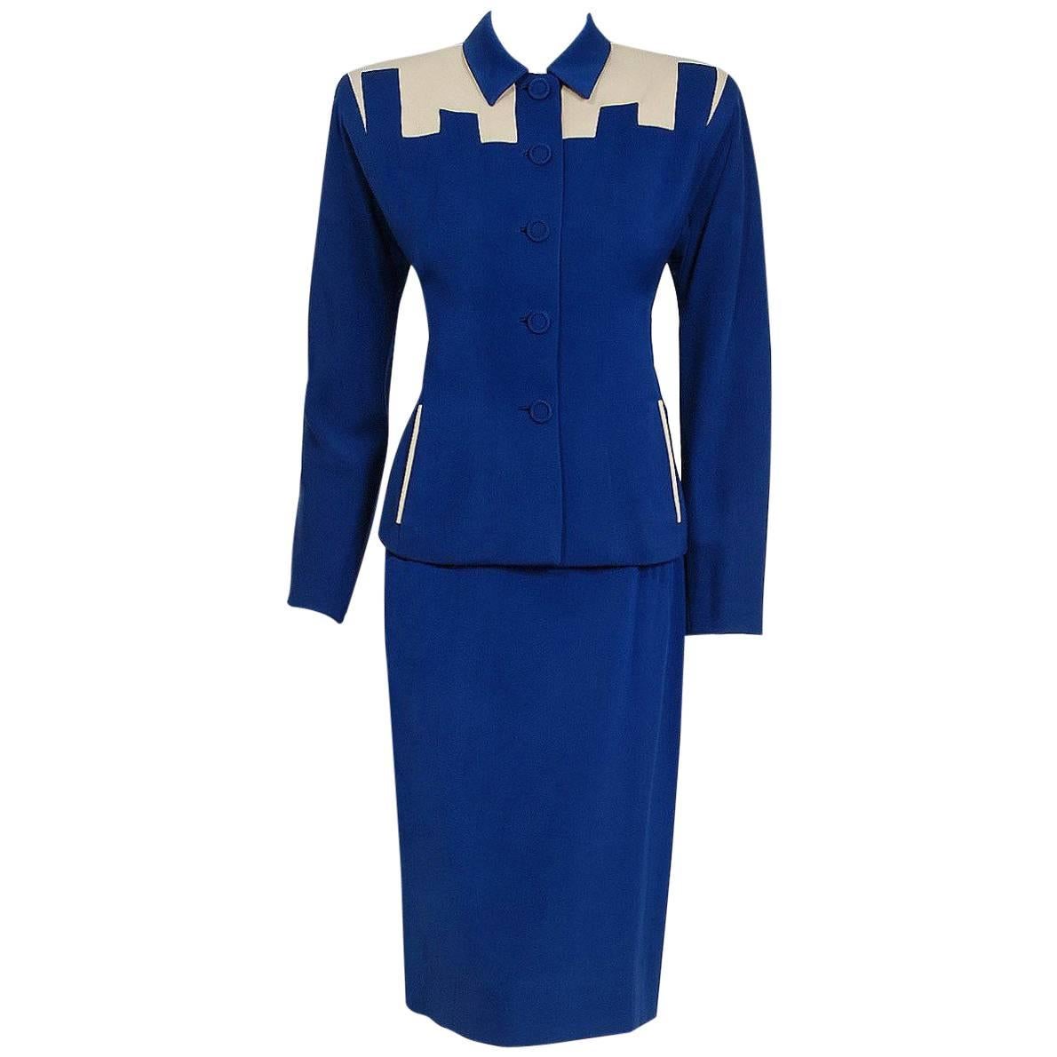 Fred A. Block Blue and Ivory Gabardine Block-Color Deco Jacket Skirt Suit, 1945 