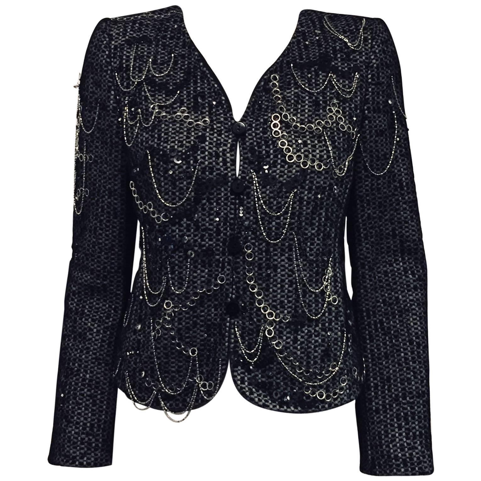 Amazing Armani Collezioni Bejeweled Black & Grey Tweed Jacket w/Beads & Sequins