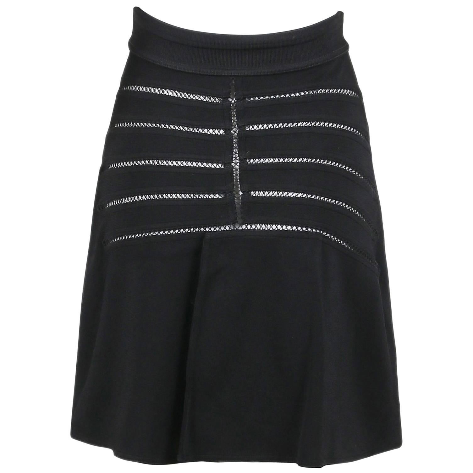 Alaia Black Stretch A-Line Mini Skirt W/Crochet Detail For Sale