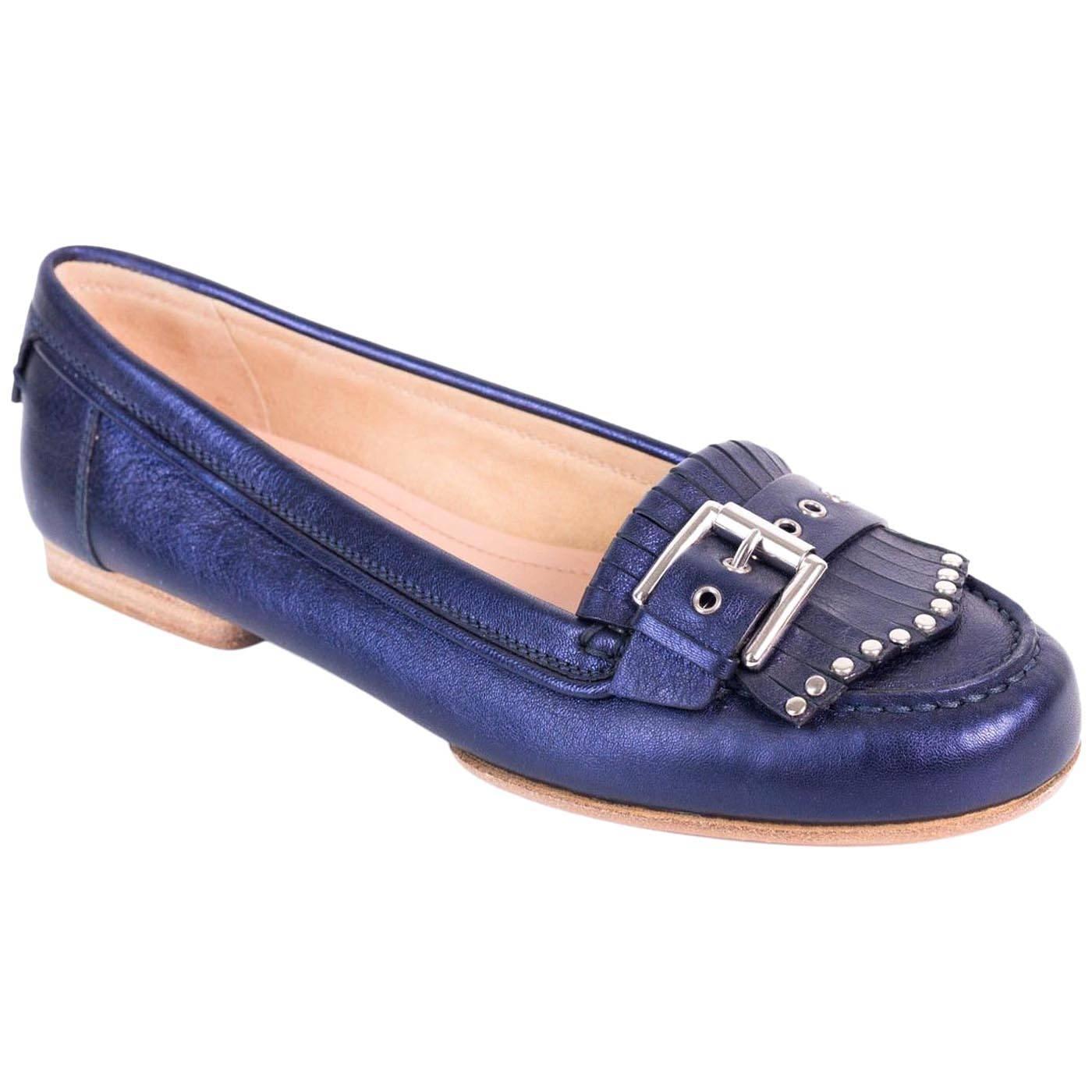 Gianvito Rossi Metallic Blue Leather Studded Buckle Moccasins For Sale