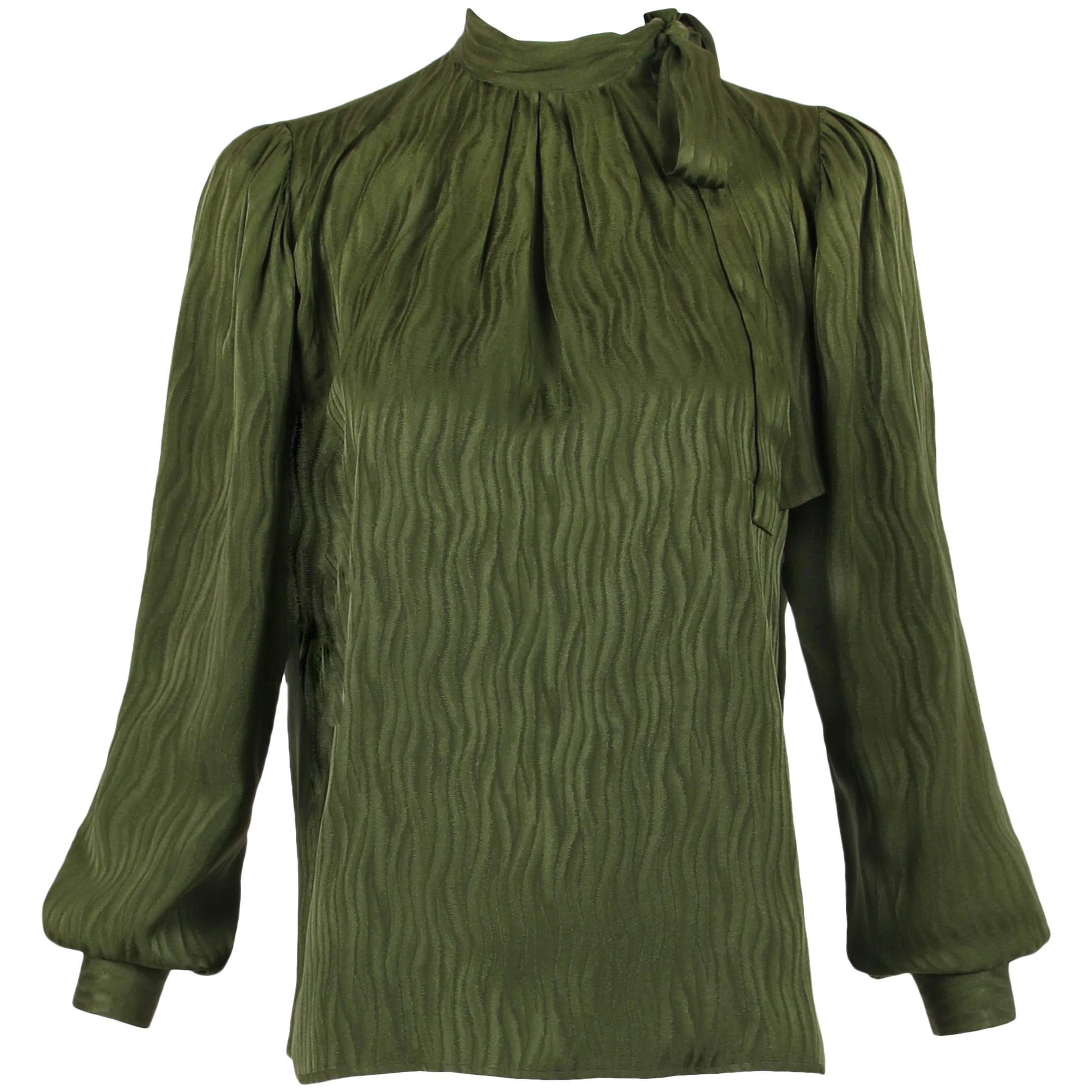 1970's Yves Saint Laurent YSL Green Silk Blouse W/Neck Ties & Wave Pattern