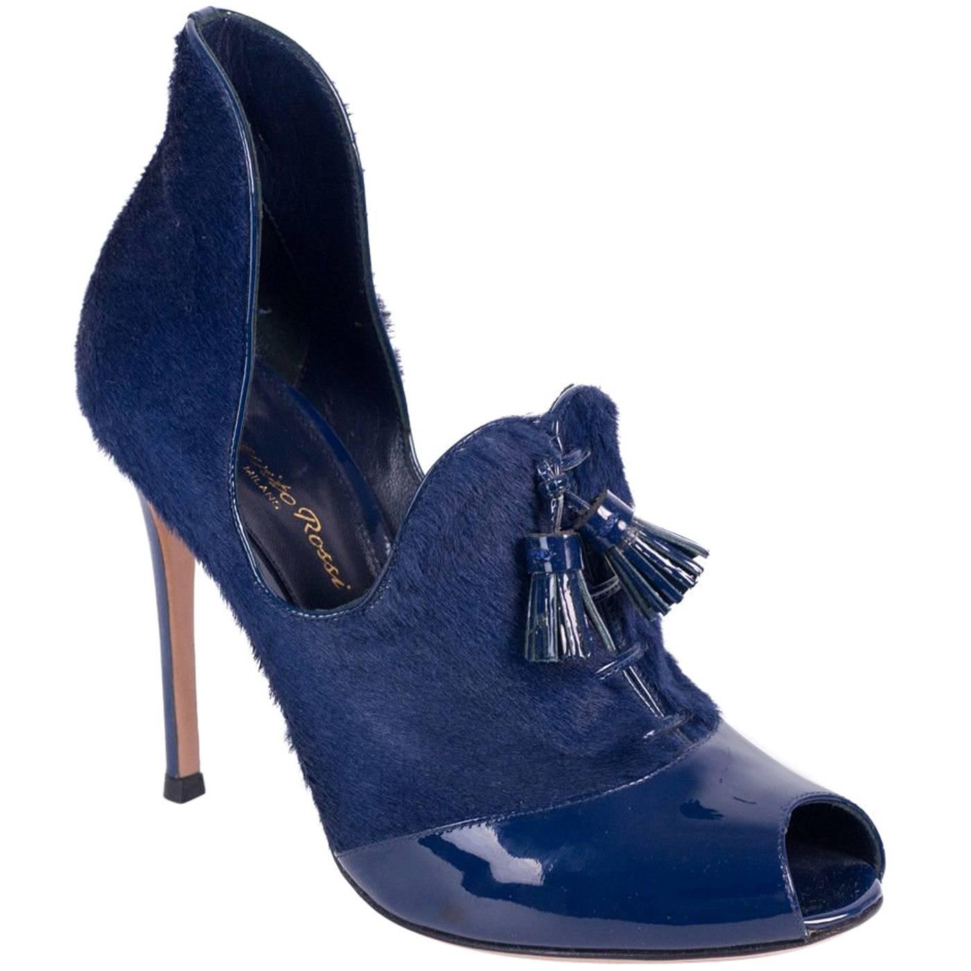 Gianvito Rossi Blue Patent Insert Pony Hair Peep Toe Bootie For Sale