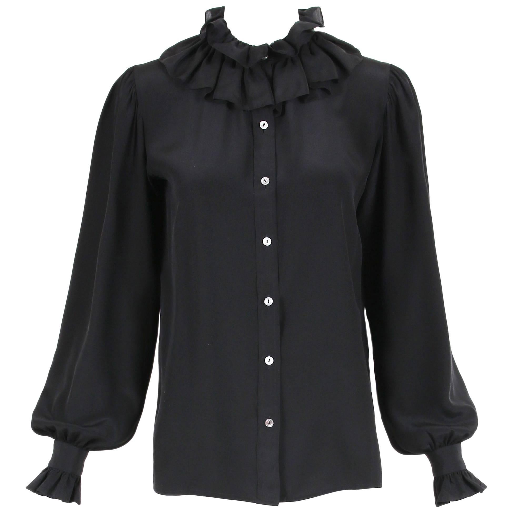 Yves Saint Laurent YSL Vintage Black Silk Blouse with Ruffled Trim