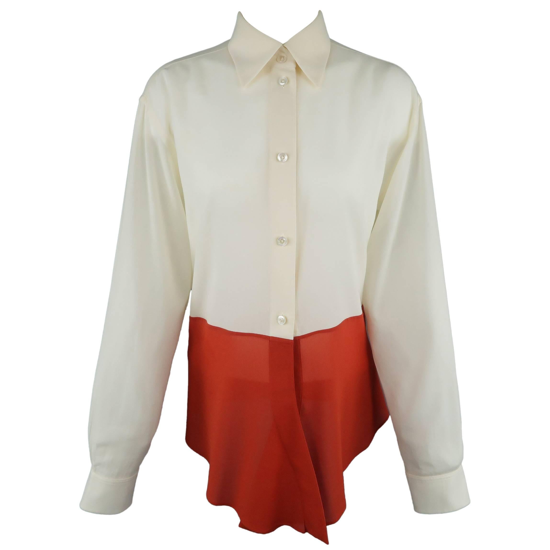 Hermes Vintage Beige and Orange Color Block Silk Chiffon Blouse