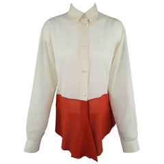 Hermes Vintage Beige and Orange Color Block Silk Chiffon Blouse