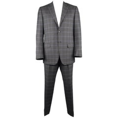 Used Men's ISAIA 42 Regular Charcoal & Blue Window Pane Wool Notch Lapel Suit