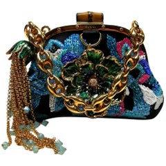 Vintage  Gucci Evening Minaudiére Bag Silk Embroidered and Glass Beads and Floral Charms