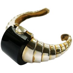 Vintage Silver gilt and dark/navy blue galalith sculpted bracelet, France, 1930s.