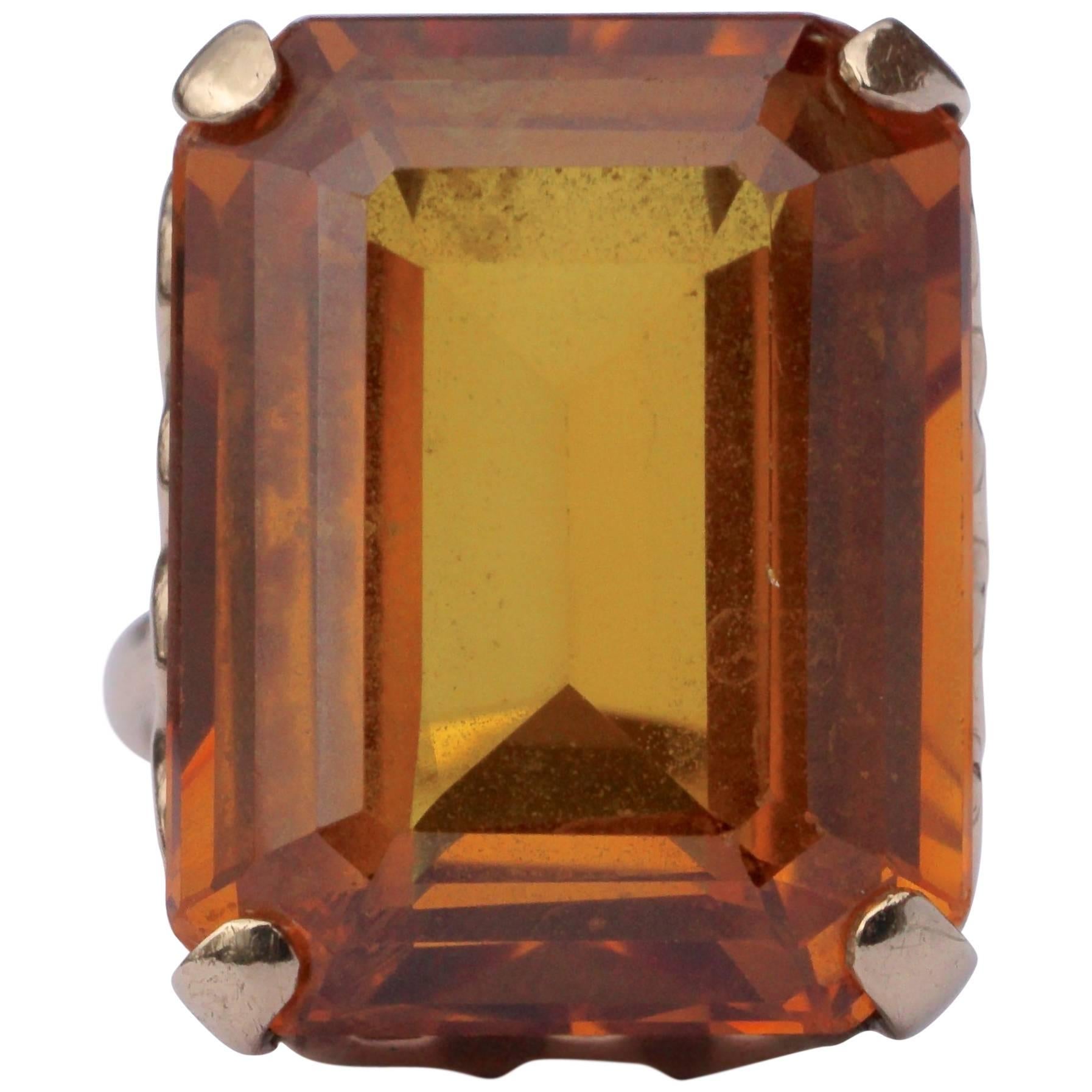 9ct Gold Emerald Cut Burnt Orange Synthetic Sapphire Cocktail Ring 1960s For Sale