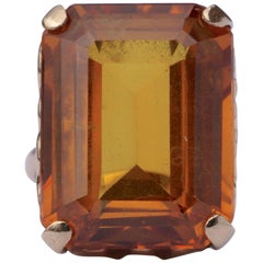 9ct Gold Emerald Cut Burnt Orange Synthetic Sapphire Cocktail Ring 1960s