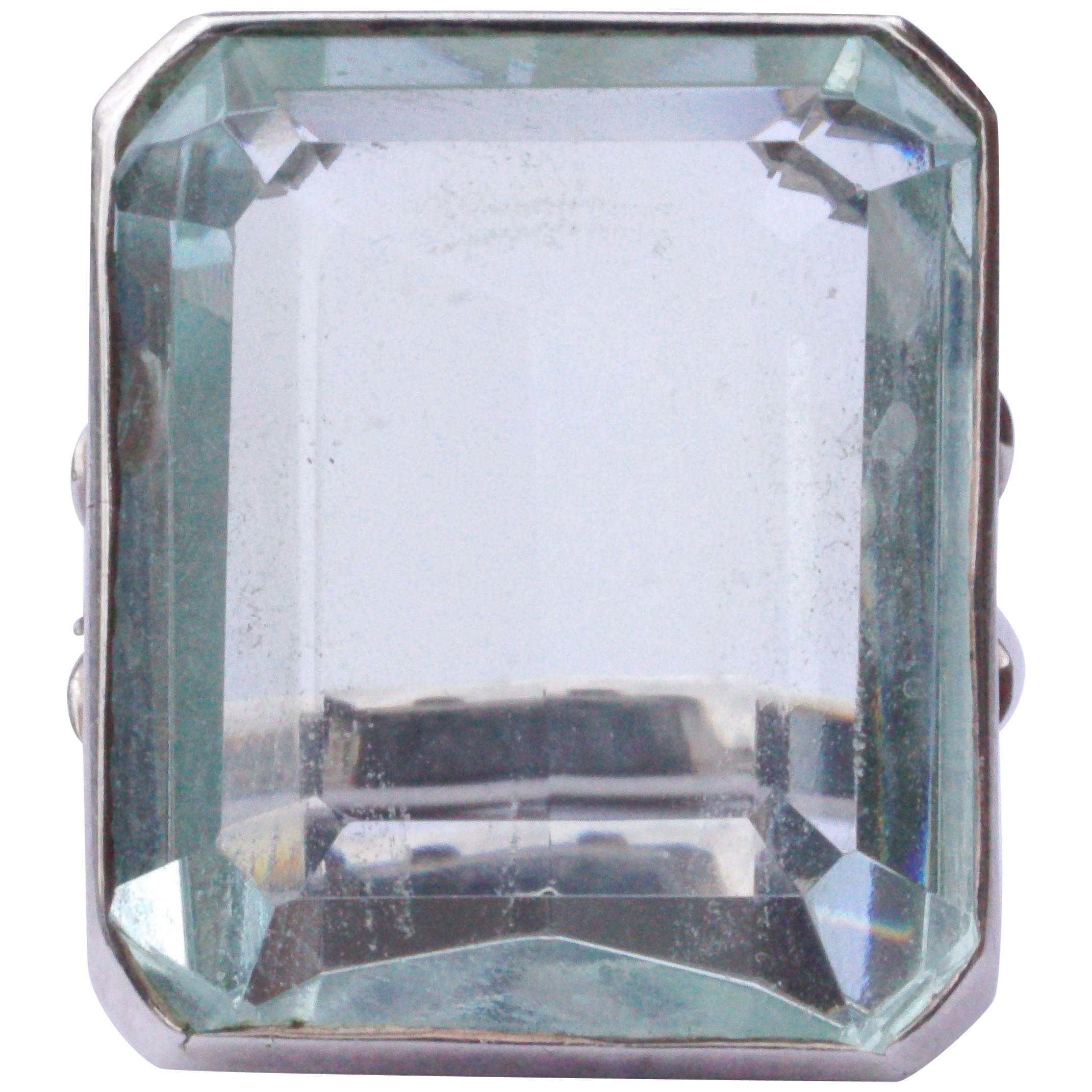 Silver and Emerald Cut Pale Aqua Glass Statement Ring, circa 1970s