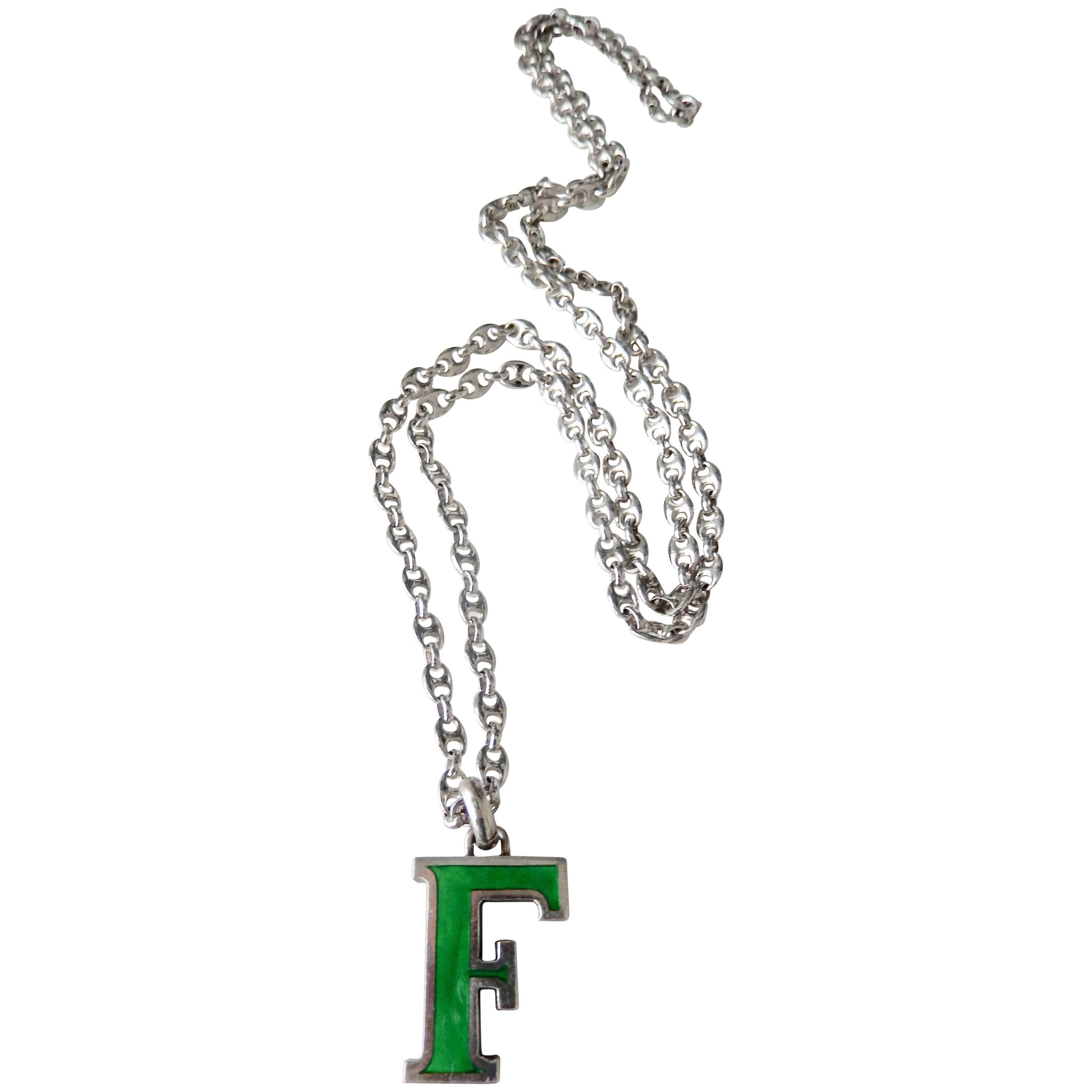 Gucci Sterling Silver Enameled Letter Pendant with Chain, 1970s  For Sale