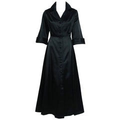 Vintage 1955 Chanel Haute-Couture Black Satin Wide Cuff Full-Length Princess Dress Coat