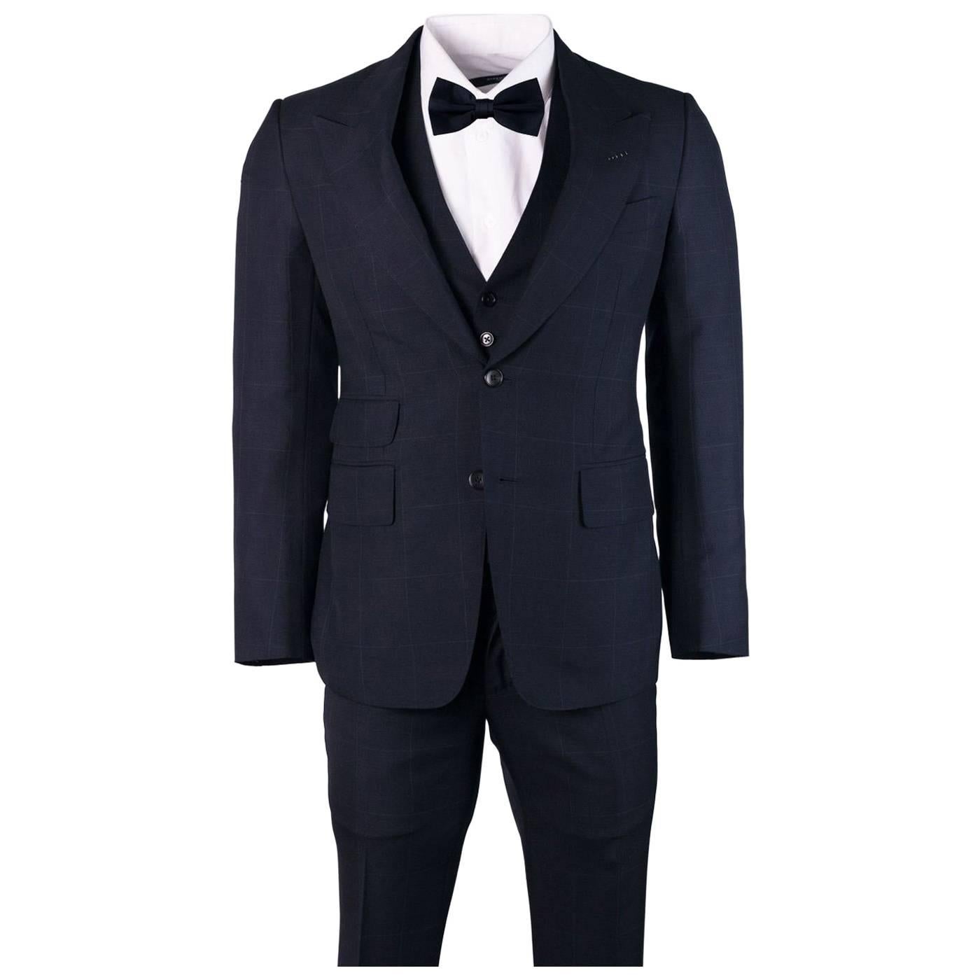 Tom Ford Mens Large Check Navy Wool Blend Shelton 3 Piece Suit For Sale