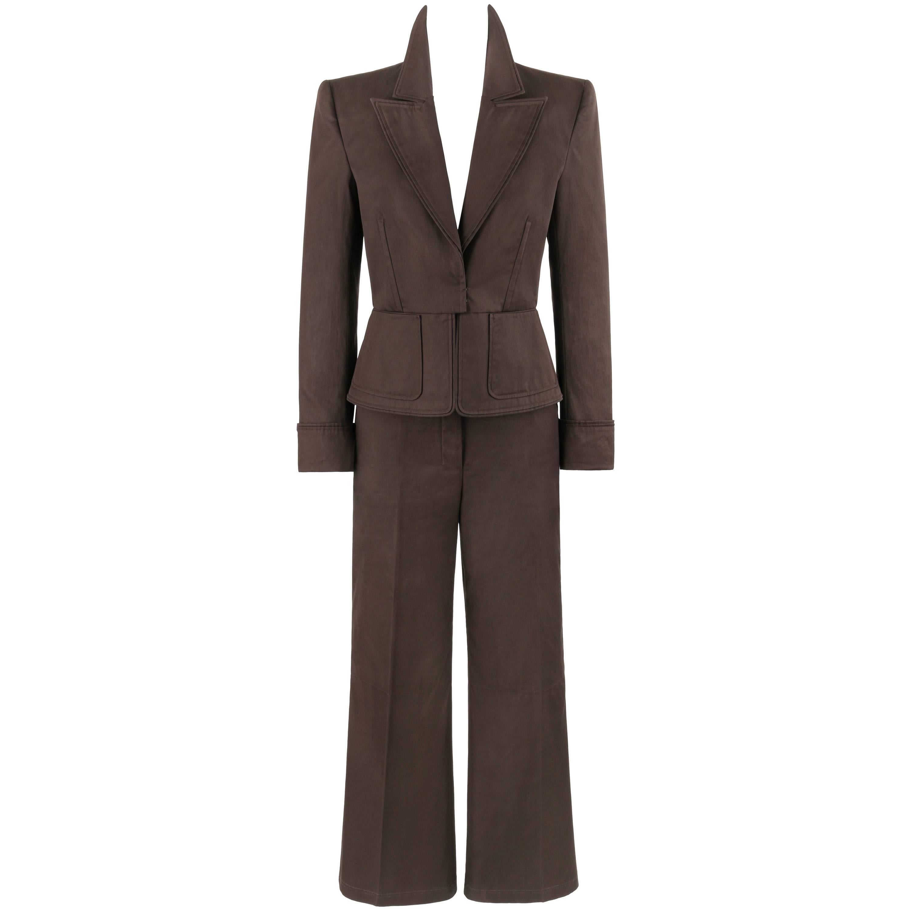 YVES SAINT LAURENT S/S 2003 YSL 2 Pc Olive Brown Peplum Blazer Pants Power Suit