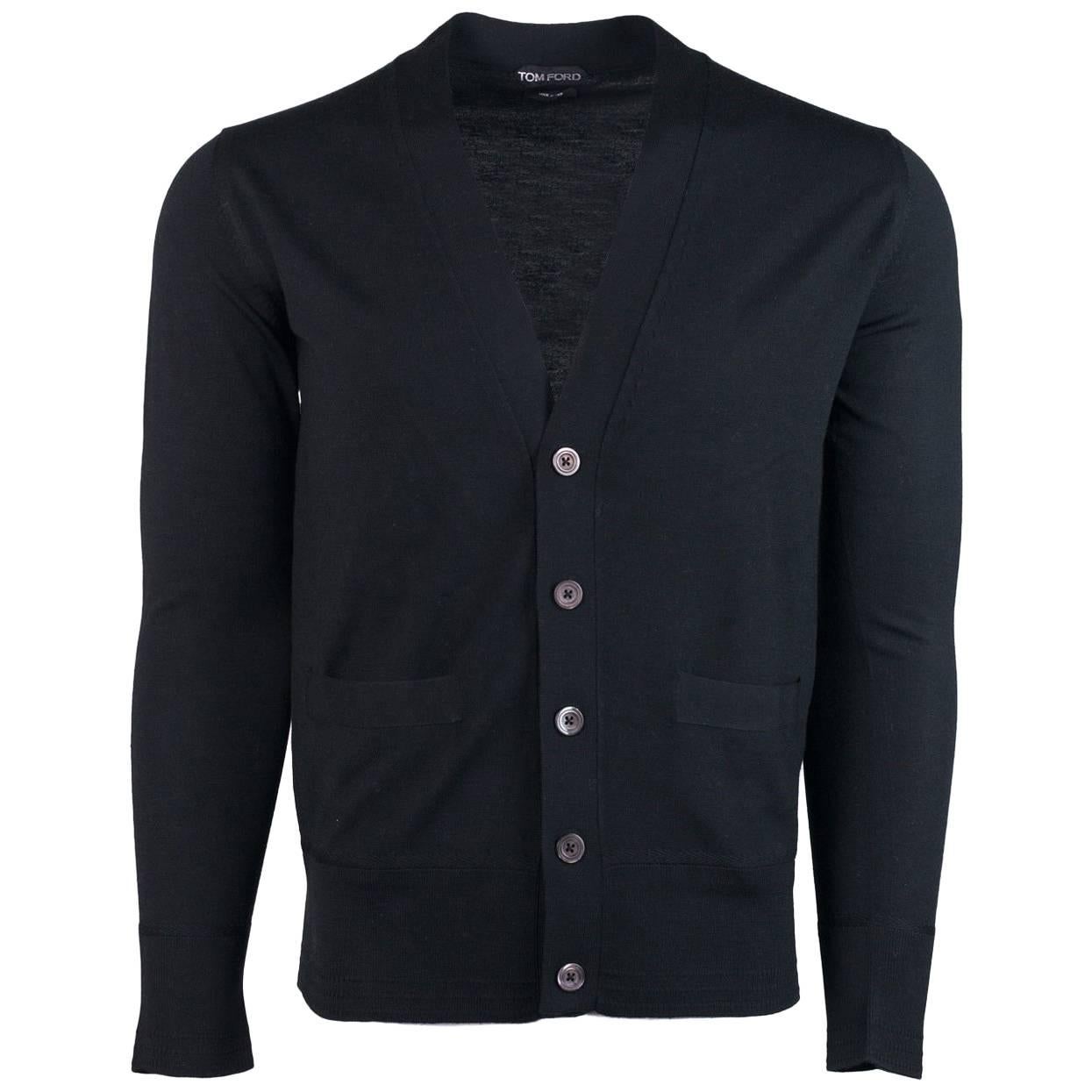 Tom Ford Black 100% Wool Two Pocket Slots Button Down Cardigan For Sale