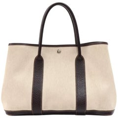 Hermes Garden Party PM Chocolate Brown Leather Beige Canvas Hand Bag