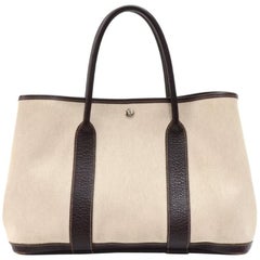 Hermes Garden Party PM Chocolate Brown Leather Beige Canvas Hand Bag 