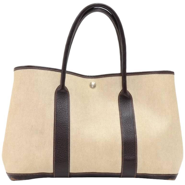 Hermes Garden Party PM Chocolate Brown Leather Beige Canvas Hand Bag 