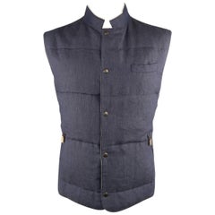 Men's BRUNELLO CUCINELLI XXL Indigo Blue Quilted Linen Snap Vest