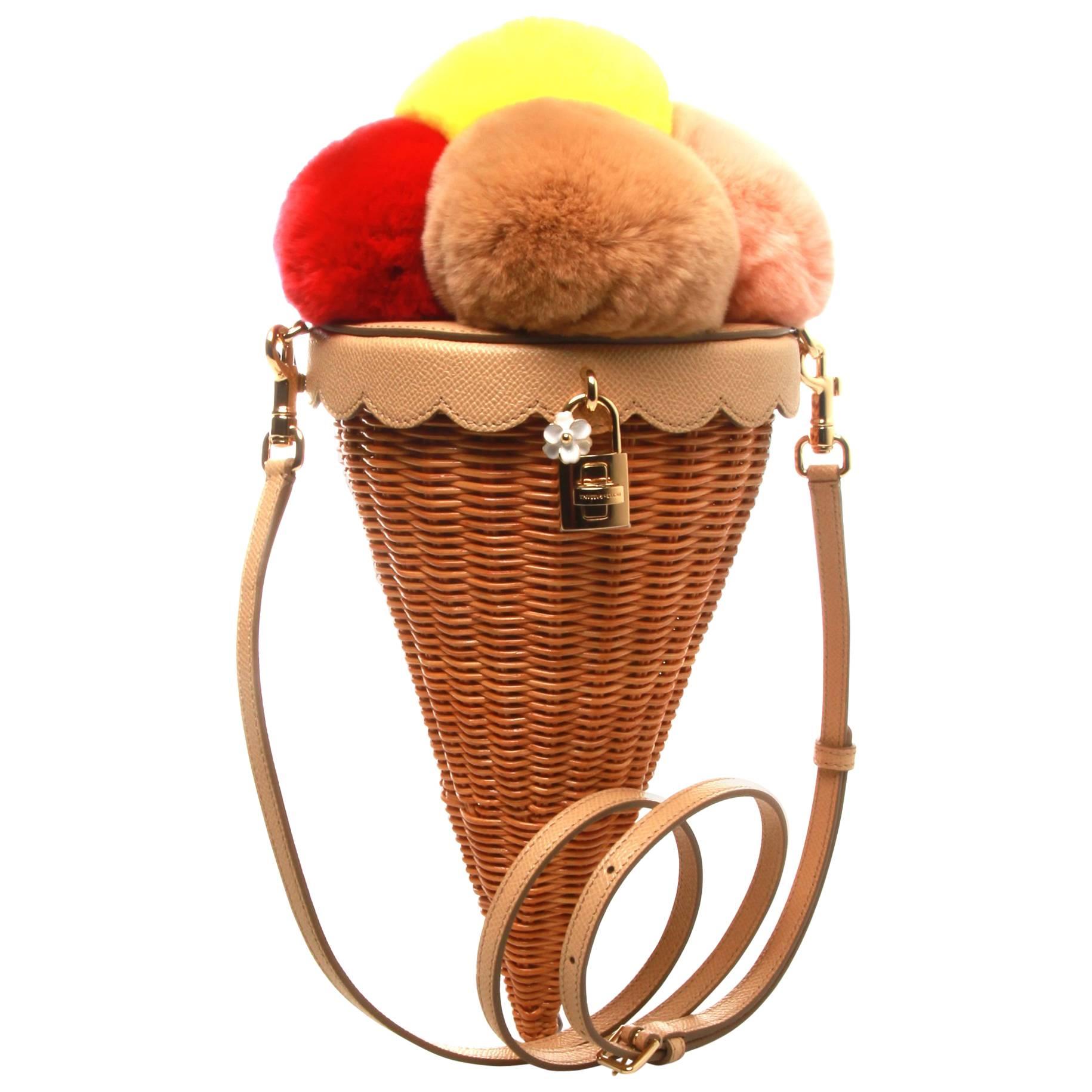 Dolce & Gabbana Ice-Cream Cone Fur and Cane Shoulder Bag