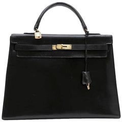 HERMES 'Kelly 35' Vintage Bag in Black Box Leather